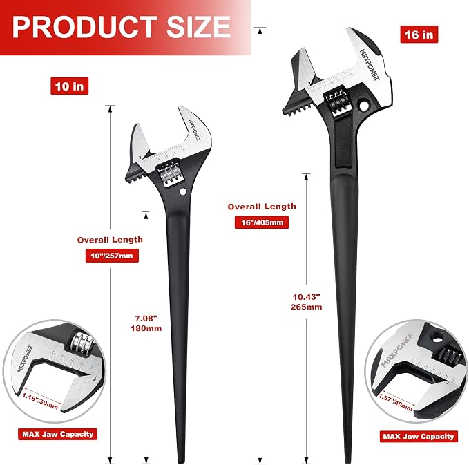MAXPOWER 16" 4-in-1 & 10" Construction Spud Wrench Set, Tether Hole, Cr-V | 16" Multi-Purpose Design ( Striking, Gripping, Aligning & Prying ), Tether-Ready Design, Smooth Jaw Adjustment, Easy Storage