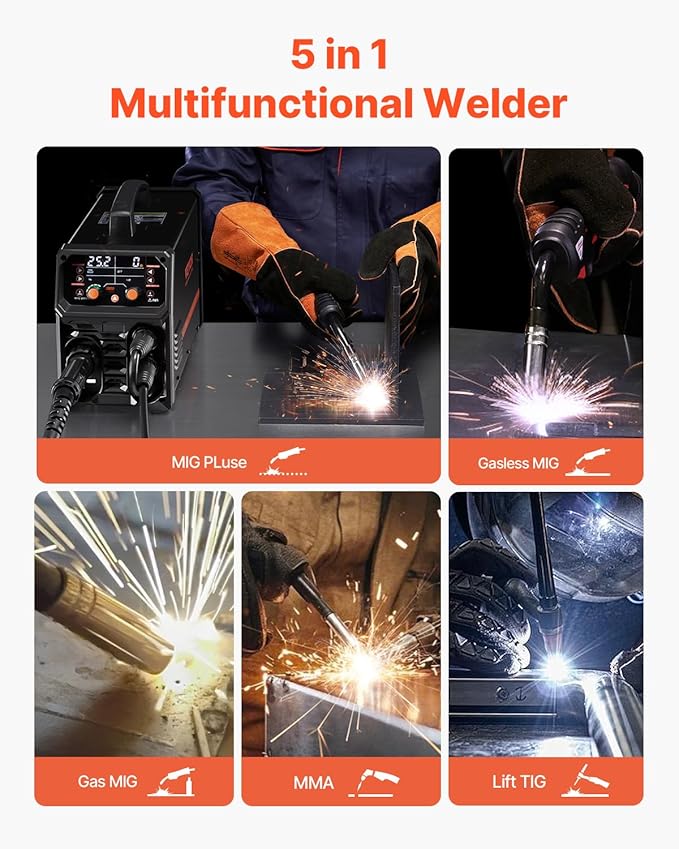 VEVOR Pro MIG Welder, 200A Pluse Mig Welding Machine, 5-in-1 Multi-Functional Welder Machine MIG Pluse/Gas MIG/Flux Core MIG/Stick/Lift TIG, 110V/220V Dual Voltage Aluminum Mig Welder with LCD Display