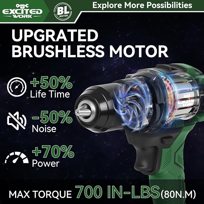 21V Brushless Power Drill Cordless, LAZYLAND 80Nm Electric Impact Drill Set with Dual 3.0Ah Batteries, 2 Variable Speed, 21+3 Torque Setting and LED Work Light for Home Repairing DIY, Green