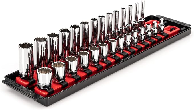 TEKTON 1/4 Inch Drive 12-Point Socket Set, 28-Piece | SHD90214 | (4 - 15 mm), Shallow and Deep, Socket Rail