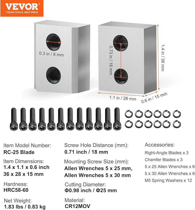 VEVOR Electric Rebar Cutter Replacement Blades 6 PCS 25mm(1 Inch) - HRC58-60 Hard Jaw Blades with 12 Hex Screws & Spring Washers, Fit RC-25