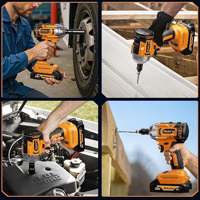 Brushless Impact Wrench 3-in-1 500N.m(369Ft-lbs) Torque Wrench 1/2 Drive with 2x2.0Ah Batteries, 8 Drill Bits, 6 Screwdriver Bits, 4 Sockets, Cordless Impact Gun for automotive Repair and DIY