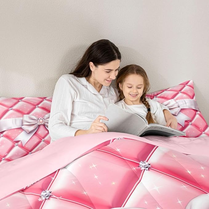 Feelyou Bow Comforter Set All Season Geometry Bowknot Bedding Set with 2 Pillow Cases Glitter Microfiber Kids Full Bedclothes Bedroom Decor Duvet Quilt Breathable Soft Lightweight