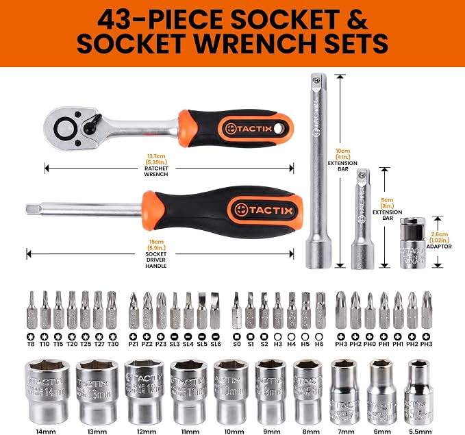 Tactix 43-Piece Socket Wrench and Bit Set 1/4'', CR-V Metric Sockets with Quick-Release Ratchet Wrench, Compact Sockets Set for Car Repair, with Storage Case
