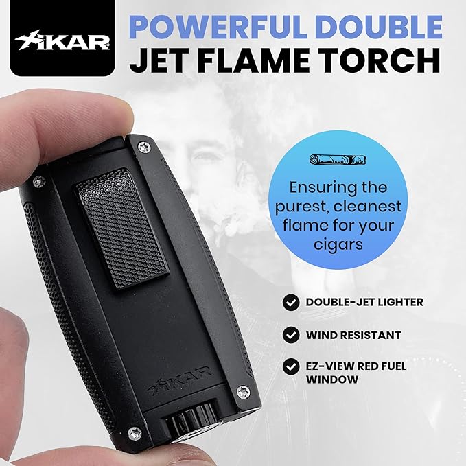 Xikar Turismo Double Jet Flame Butane Torch Lighter, Silver | Wind Resistant, Refillable Fuel Tank with EZ-View Window, Adjustable Flame, Easy Push Ignition, Flip-Top Lid, High Altitude Tested