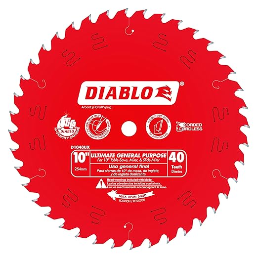 Diablo Wood Demon Ultimate General Purpose Saw Blade - 10" Diameter, 40 Hi-ATB Teeth, 5/8" Arbor, 0.095" Kerf, 18° Hook Angle, 0.071" Plate, 7000 Max RPM - D1040UX