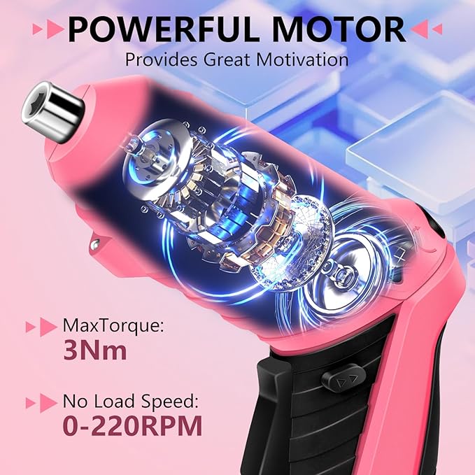JENABOM 47 in 1 Electric Screwdriver Cordless Rechargeable Small Power Drill Set 3.6V Li-ion 3Nm Max Torque Electric Rotatable with LED Light Screwdriver, Pink