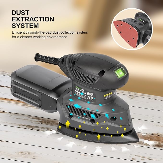 GALAX PRO Detail Sander, 1.1A Powerful Motor, 13000 OPM Compact Electric Sander with 20Pcs Sandpapers and Dust box, Soft Grip Handle for Comfortable Woodworking