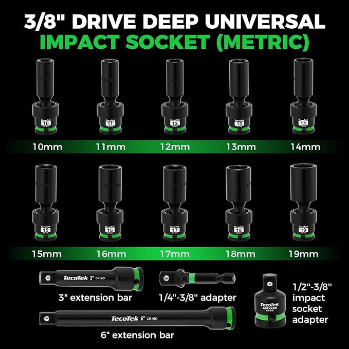 TecoTek 14 PCS 3/8" Drive Deep Universal Impact Socket Set, Swivel Socket Set, 10-19mm, Metric Socket Set with Flexible Wobble, Cr-Mo Steel, Includes Extension Bars and Adapter