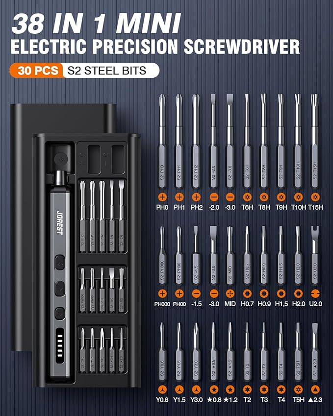 JOREST Mini Electric Screwdriver, Small Cordless Precision Screwdriver set with 38 Magnetic Bits, 5 Torque Settings, Repair Tool for iPhones, Laptop, Drone, Game Console, Camera; Gift for Father