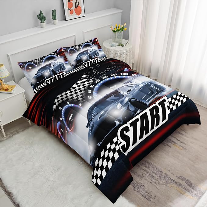 Axolotl Race Car Comforter Set King Size,Extreme Sports Bedding for Boys Teens Kids Girls Room Decor,Checkered Flag Bedding,Cool Speed Car Quilt Bed Set with 1 Comforter 2 Pillowcases