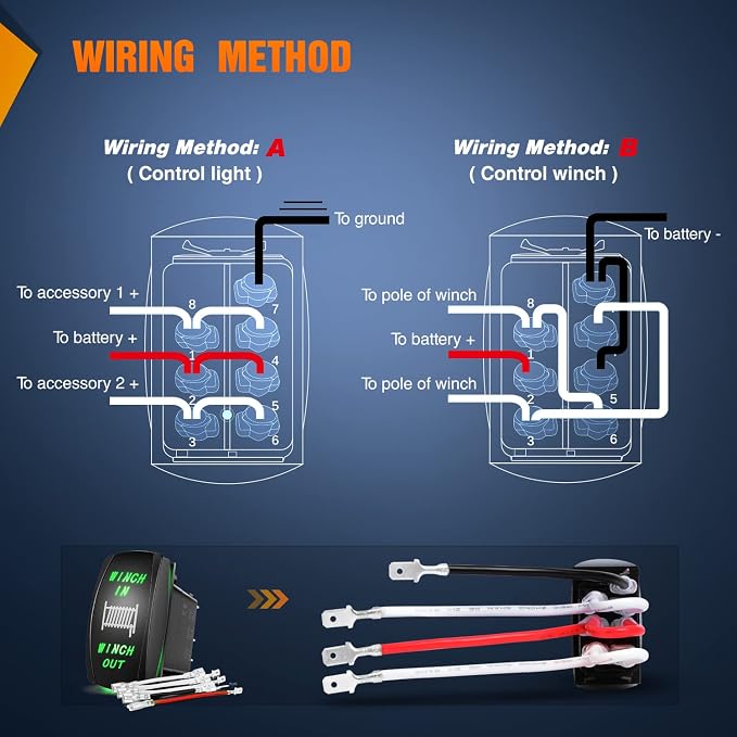 Nilight Winch Rocker Switch Momentary Toggle ON-Off-ON DPDT 7Pin 12V 24V Jumper Wires in Out Switches Green for Cars Trucks Caravans Boat