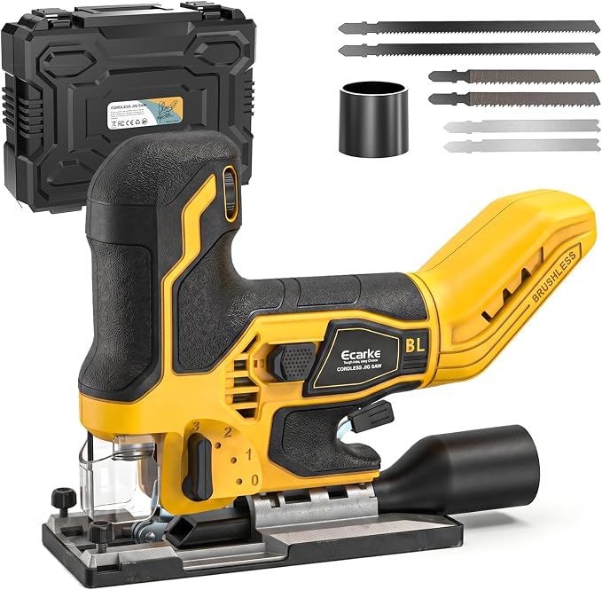 Ecarke Cordless Jig Saw Compatible With Dewalt 20V, Brushless Motor 3800RPM, 7 Speeds Dial Control, Free-Tool ±45° Bevel Cuts, 4 Orbital Action, Dust Blows and 6 Blades For Cutting, Tool Only
