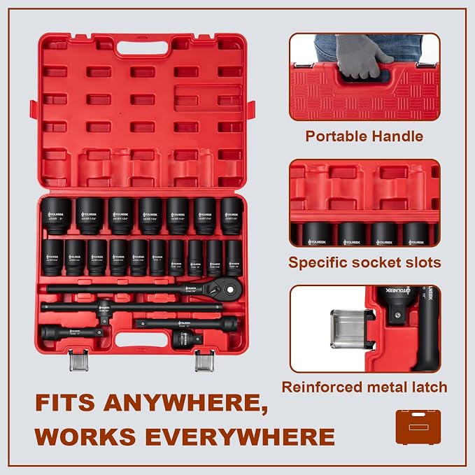 3/4" Impact Socket Set, 22PCS 6-Point SAE (3/4" to 2"), Cr-Mo, with Adapters, Quick Release Ratchet, Extension Bar & Storage Case