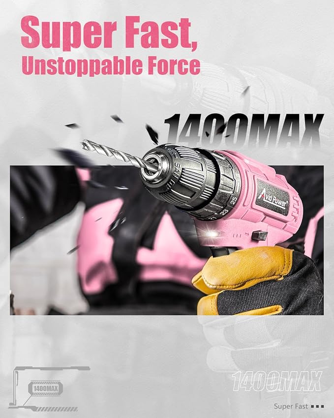 AVID POWER 12V Cordless Drill, 3/8-Inch Keyless Chuck, High-Speed 1400 RPM & 25+1 Torque Control, Electric Power Drill Kit with 21pcs Bits, Battery and Charger-Pink