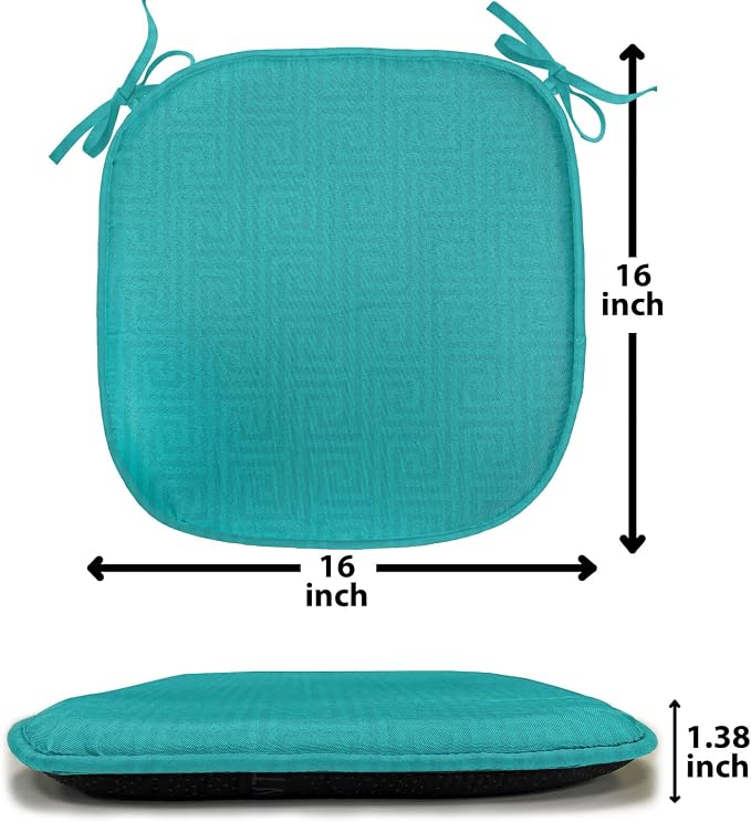 Lunarable Abstract Chair Seating Cushion Set of 8, Classic Monochrome Design Meander Greek Motif Repetition Illustration, Anti-Slip Seat Padding for Kitchen & Patio, 16"x16", Teal and Dark Turquoise