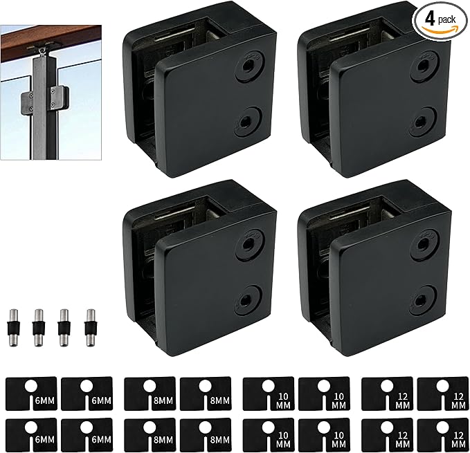 4-Pack Square Glass Clamps, 304 SS, 6-12mm, Black (LIUCHONGYANG99)