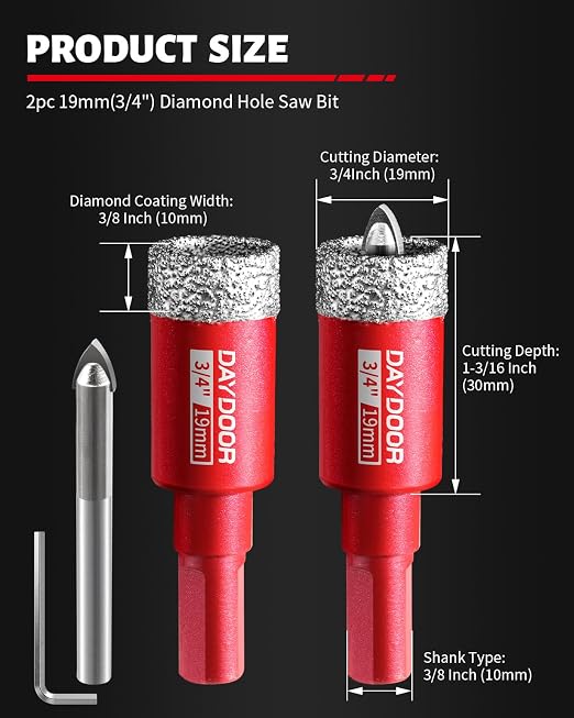 DAYDOOR 3/4" Diamond Hole Saw Bits with Pilot Drill Bit-2pcs 19mm Diamond Tile Hole Saw with Guiding Bit for Porcelain Tile Ceramic Pottery Granite Stone Glass Bottles(3/8" Triangle Shank)