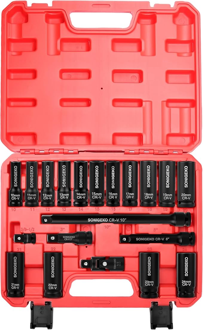 20-Piece 1/2" Drive Impact Socket Set, Metric(10mm-24mm） | Deep CR-V Steel Sockets with Extension Bars, Universal Joint and Adapter