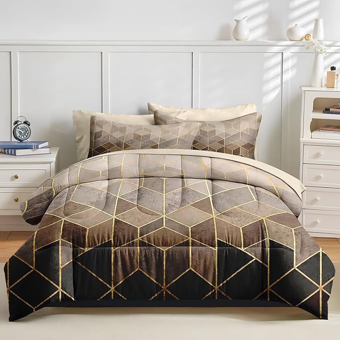 Nesker Comforter Set Twin Size, Black Golden Gradient Cubic 5 Pcs Bedding for Kids and Adults, Brown Modern Geometric Bed Sheet Sets with Fitted Sheet Pillowcase & Sham