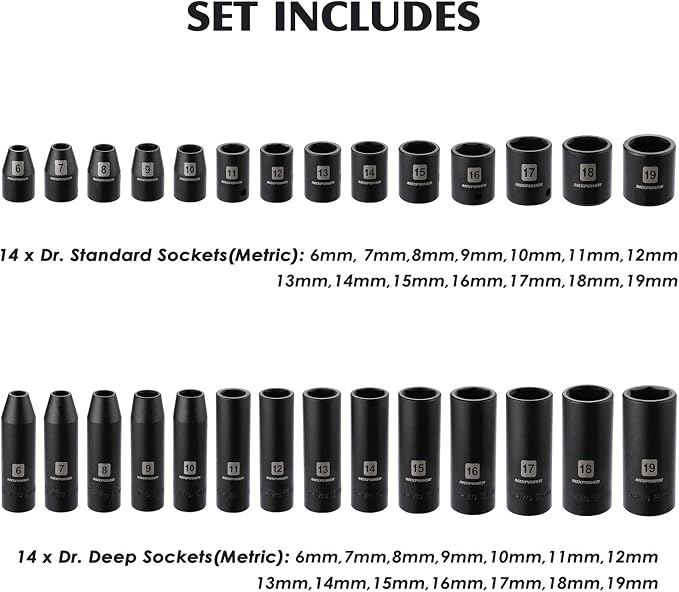 MIXPOWER 3/8'' Drive Master Impact Socket Set, 87-Piece Deep & Standard SAE and Metric,CR-MO, 1/4-Inch to 3/4-Inch and 6-19 mm, Impact Universal Sockets, Inverted Star Sockets, Extension Bar & Adapter