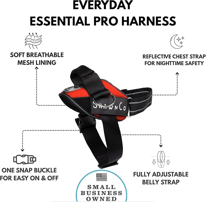 ShawnCo Essential Pro Dog Harness, No-Pull Pet Vest with 3 Leash Clips and Removable, Reflective Side Patches, Adjustable and Padded Harness for Small, Medium and Large Dogs (Mustang Red, S)