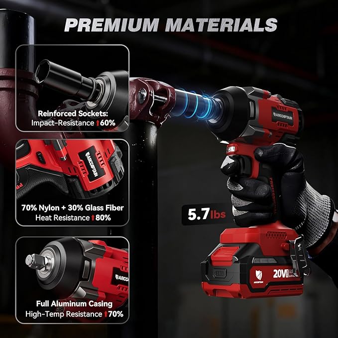 ARCCAPTAIN Cordless Impact Wrench, 1500N.m (1106Ft-lbs) 1/2" High Torque Impact Gun, 15C High-Rate 2x4.0Ah Batteries, 20V Power Impact Driver, Supports Up to 40mm Socket for Heavy Truck/Car/Pickup