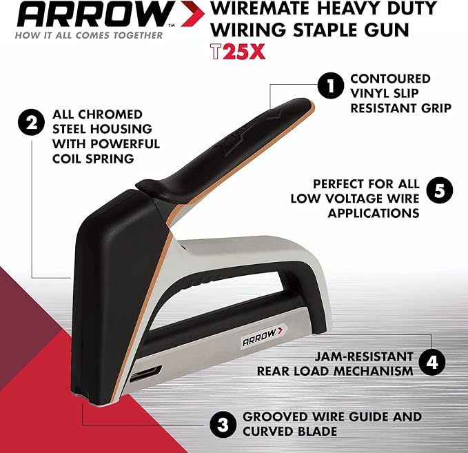 Arrow T25X Heavy Duty Staple Gun for Low Voltage Cables and Wires, Christmas and Holiday Lights, and Lighted Decorations