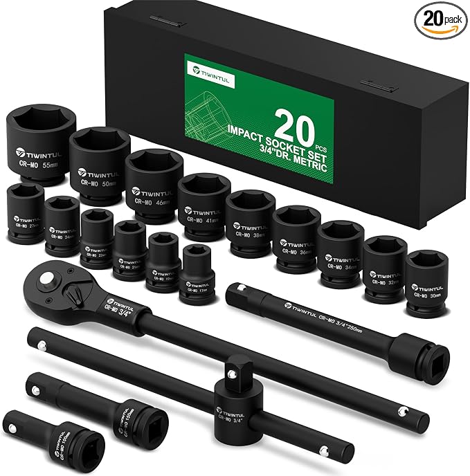 3/4 Inch Drive Impact Socket Set, 20 Pcs, Metric, 17mm-55mm, CR-MO | Heavy Duty, 6-Point, 24T Ratchet Wrench, 18" Sliding T-Bar & Extension Bars, Metal Storage Case for Truck, Tractor Repair