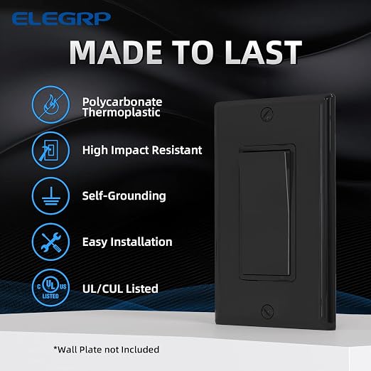 ELEGRP 4 Way Decorative Light Switch, 15Amp, 120-277 Volt, AC Decorator Rocker Paddle Wall Switch Replacement, Self-Grounding, Residential and Commercial Grade, UL Listed (10 Pack, Glossy Black)