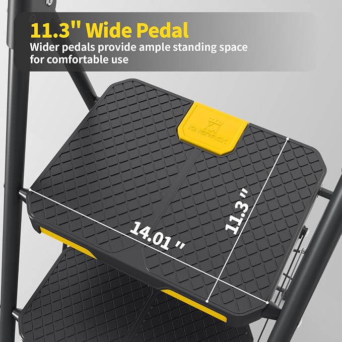 KINGRACK 3 Step Ladder, Sturdy Steel Step Stool with Safe-Lock Design, Handrail, Anti-Slip Wide Pedals, Pass 800lbs Load Testing, Folding Portable Ladder for Multi-Purpose, Home, Kitchen, Black