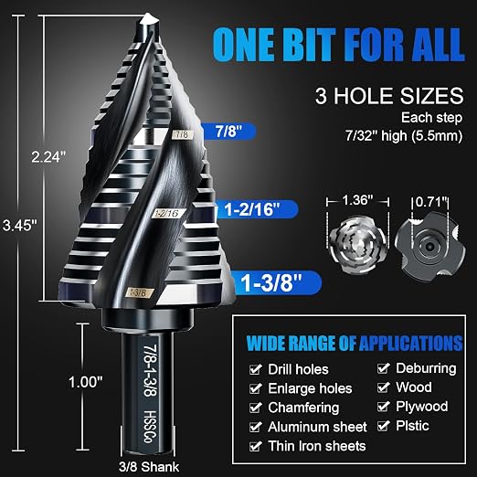 M35 Four Spiral Flute Step Drill Bit Set 1/4" - 1-3/8" （19 Sizes, 1/4" Hex Shank Unibit Step Drill bit, Impact Resistant M35 Cobalt Step Drill Bit, for Stainless Steel, Wood, Aluminum, Plastic