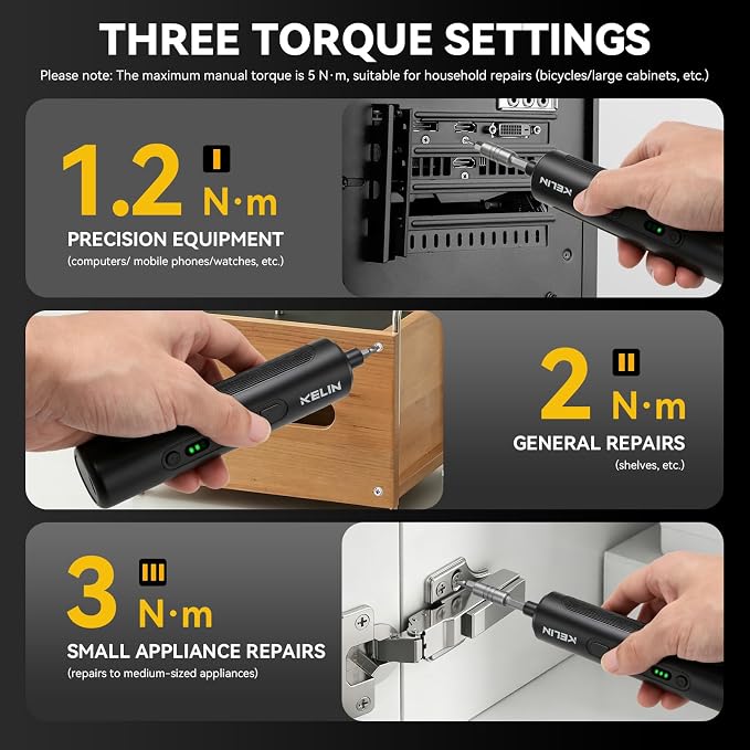 KELIN 44 in 1 Electric Screwdriver Set, 3 Torque Levels (1.2/2/3 N.m) + Manual 5 N.m, 1500mAh Battery, Type-C Charging, S2 Steel Bits, Repair Kit for iPhone PC Laptop Game Console Watch