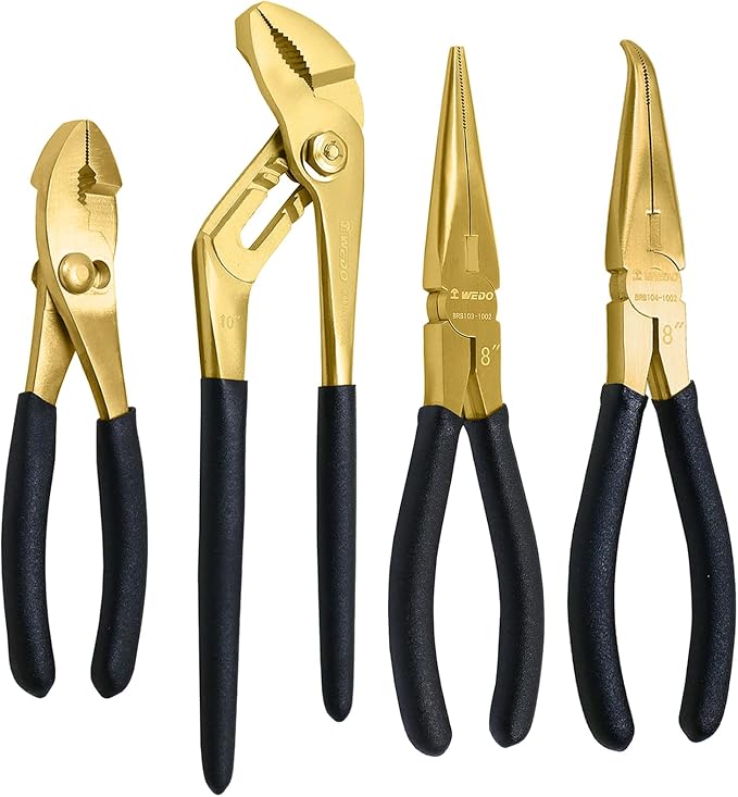 WEDO 4-Piece Brass Pliers Set With Non-Slip Handle: 8" Long Nose, 8" Snipe Nose, 6" Slip Joint, 10" Groove Joint