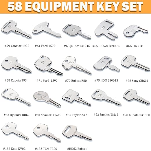 58 Pro Heavy Equipment Key Set Construction Machinery Ignition Keys Set for Caterpillar JCB Case Forklift Jlg Komatsu Volvo Kubota Yanmar Daewoo Hyster Ford Takeuchi New Holland