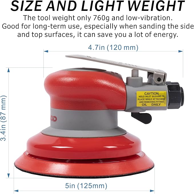 Pneumatic random orbital sander 5-inch light weight palm sander 3/16" (5 mm) diameter orbit 12000 RPM with extra 10pcs sandpaper