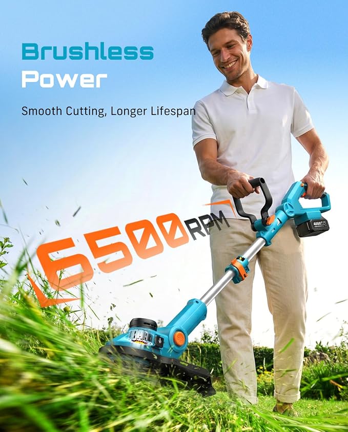 SEESII String Trimmer, 13" Electric Weed Wacker with 2×40000mAh Batteries and Charger, 21V Brushless Weed Eater with Telescopic Pole(42"-56"), Auto-Feed, Lightweight Cordless Edger for Yard/Lawn