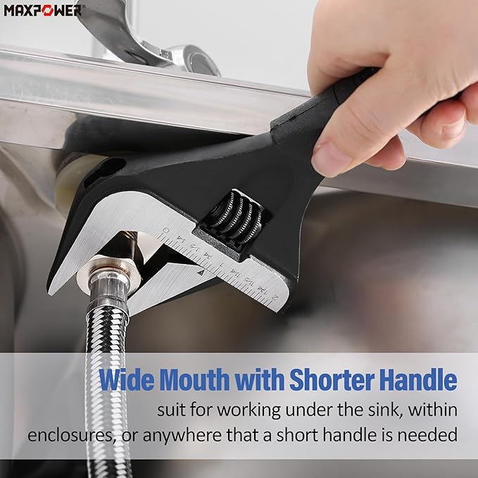 MAXPOWER 10-inch Wide Jaw Adjustable Wrench, 2-inch Jaw Capacity | Cr-V Steel, Stubby Plumbing Wrench, Soft Grips, Smooth Jaws