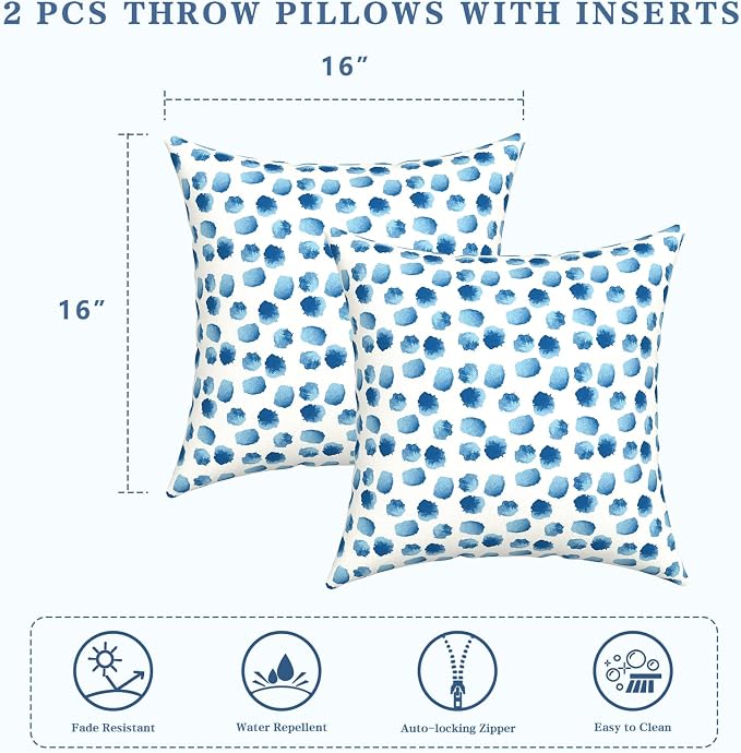 LVTXIII Outdoor Throw Pillows, Decorative Throw Pillows with Inserts, 16"x16" Square Pillows for Bed, Couch, Sofa and Patio Furniture, Set of 2, Brush Blue