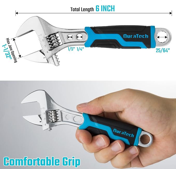 DURATECH 6 Inch Adjustable Wrench, 3-in-1 Spanner | Box End, Hex Function, CR-V Steel, Metric & SAE Scales, Chrome-plated, Bi-material Soft Grip