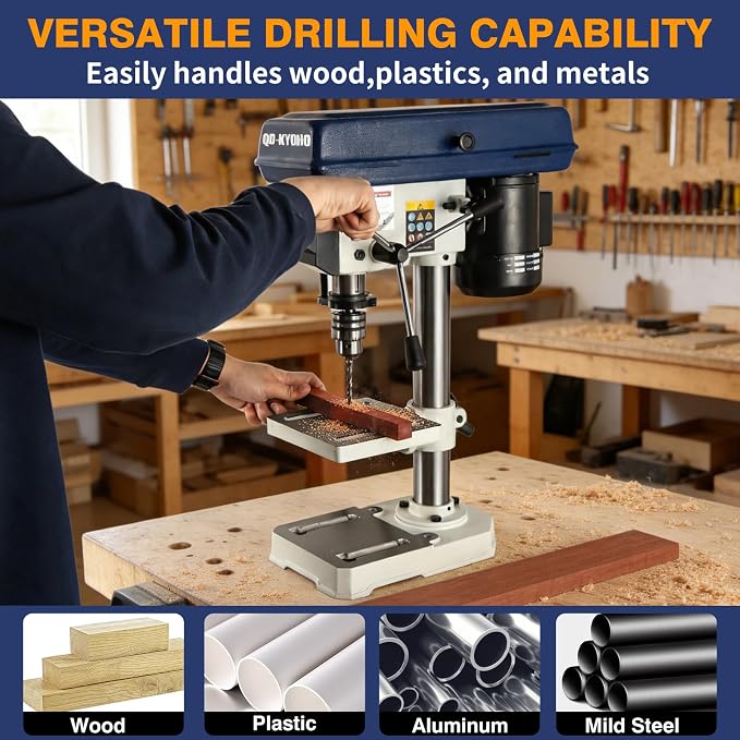 QK-KYOHO 8" Benchtop Drill Press - 3.1A Motor Drill Press Heavy-Duty Cast Iron Head - Bench Drill Press 5 Speed Adjustable (620-3100 RPM) - 0-45°Tilting&Height Adjustable Table Drill Presses