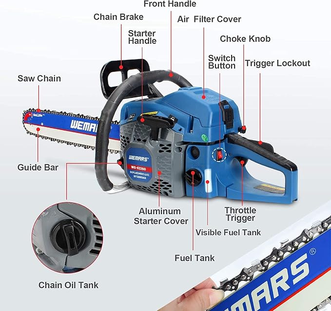 2-cycle 62CC Chainsaw Saw Gas Powered 20" Chain Saws Cordless Petrol Saw Handheld Chainsaw for Cutting Wood Trees Branches(6220G)