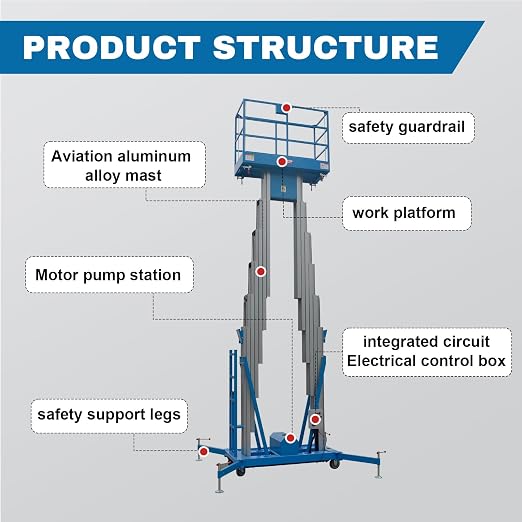 Electric Hydraulic Man Lift Aluminum Alloy Mobile Scaffolding Platform, 32.8ft Max Lifting Height, 450lbs/200kg Rated Load for Warehouse, Construction & Maintenance (Double Support, 32.8ft/10m)
