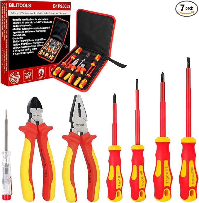BILITOOLS 1000V Insulated Electrician Screwdriver & Pliers Set - 7pcs Electrical Tools Kit with Magnetic Phillips, Slotted Screwdrivers, VDE & GS Certified