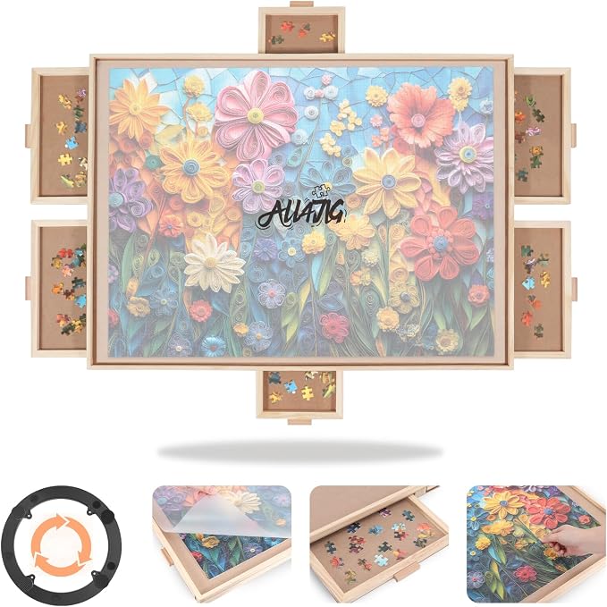 ALL4JIG 2000 Pieces Rotating Puzzle Board with 6 Drawers and Cover,28.50"x40.16"Portable Wooden Jigsaw Puzzle Table for Adults,Lazy Susan Spinning Puzzle Boards Gift for mom,Surface for Lego Building