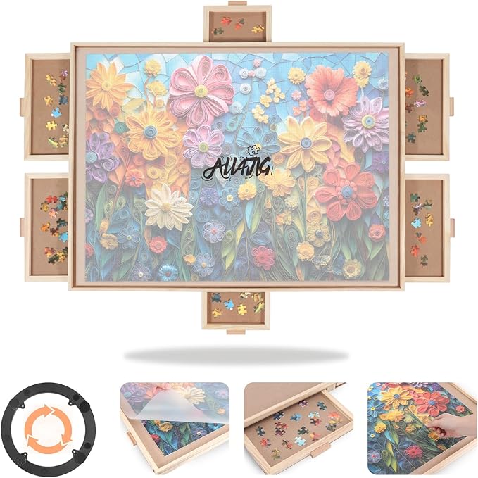 ALL4JIG 1500 Pieces Rotating Puzzle Board with 6 Drawers and Cover,24.92"x33.58"Portable Wooden Jigsaw Puzzle Table for Adults,Lazy Susan Spinning Puzzle Boards Gift for mom,Surface for Lego Building