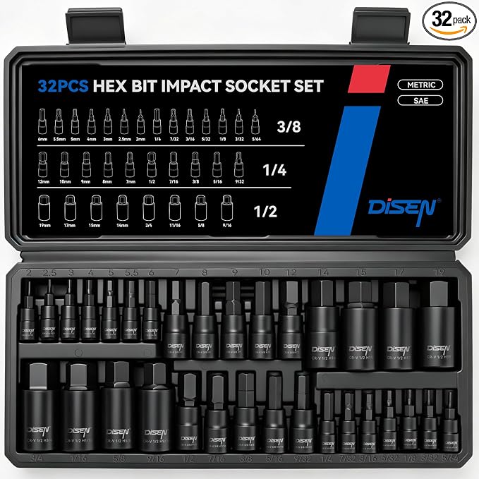 DISEN 32PCS HEX Bit Socket Set, SAE & Metric Allen Wrench Socket Set | Drive Master Allen Impact Socket Set with Enhanced Storage Case, Chrome Vanadium Steel & S2 Alloy Steel