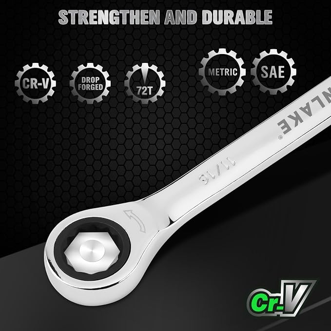 24-Piece Combination Ratchet Wrench Set, Metric (6-18mm) & SAE (1/4''-3/4'') Wrenches Set, 12-Point 72-Tooth Ratchet Spanners with Magnetic Base Organizer, Chrome Vanadium Steel for Auto Mechanic Tool