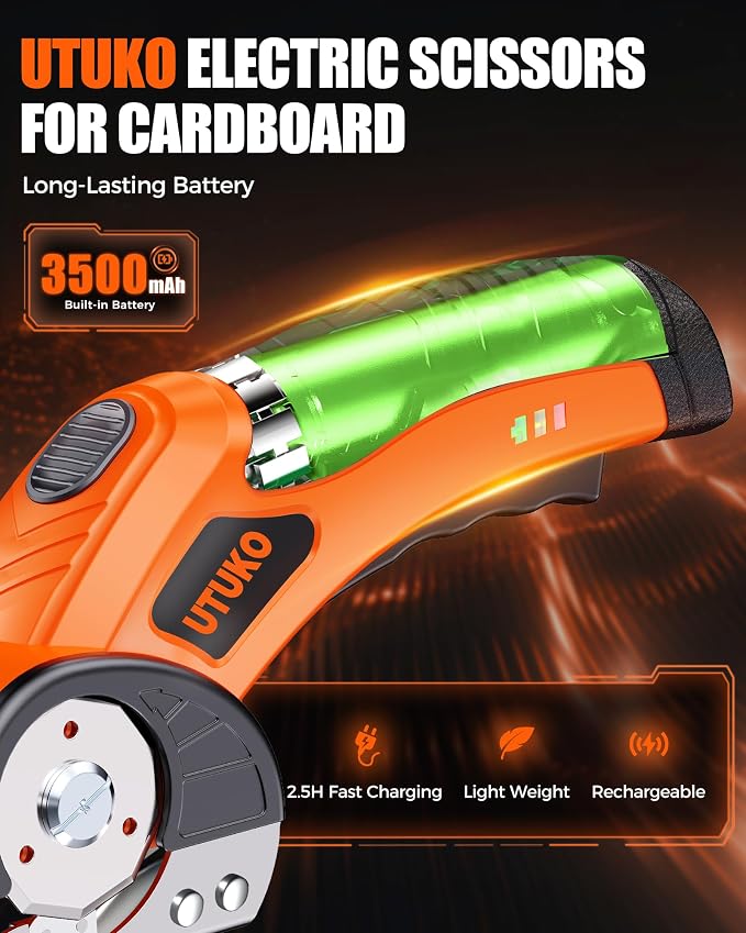 Electric Cardboard Cutter – Upgraded High-Power 800RPM Brushless Motor, 3500mAh Cordless Rechargeable Electric Scissors, Heavy Duty Box Cutter for Cardboard, Carton Mat Cutter Blades orange