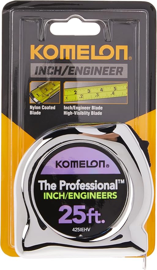Komelon 425IEHV High-Visibility Professional Tape Measure Bother Inch and Engineer Scale Printed 25-Feet by 1-Inch, Chrome